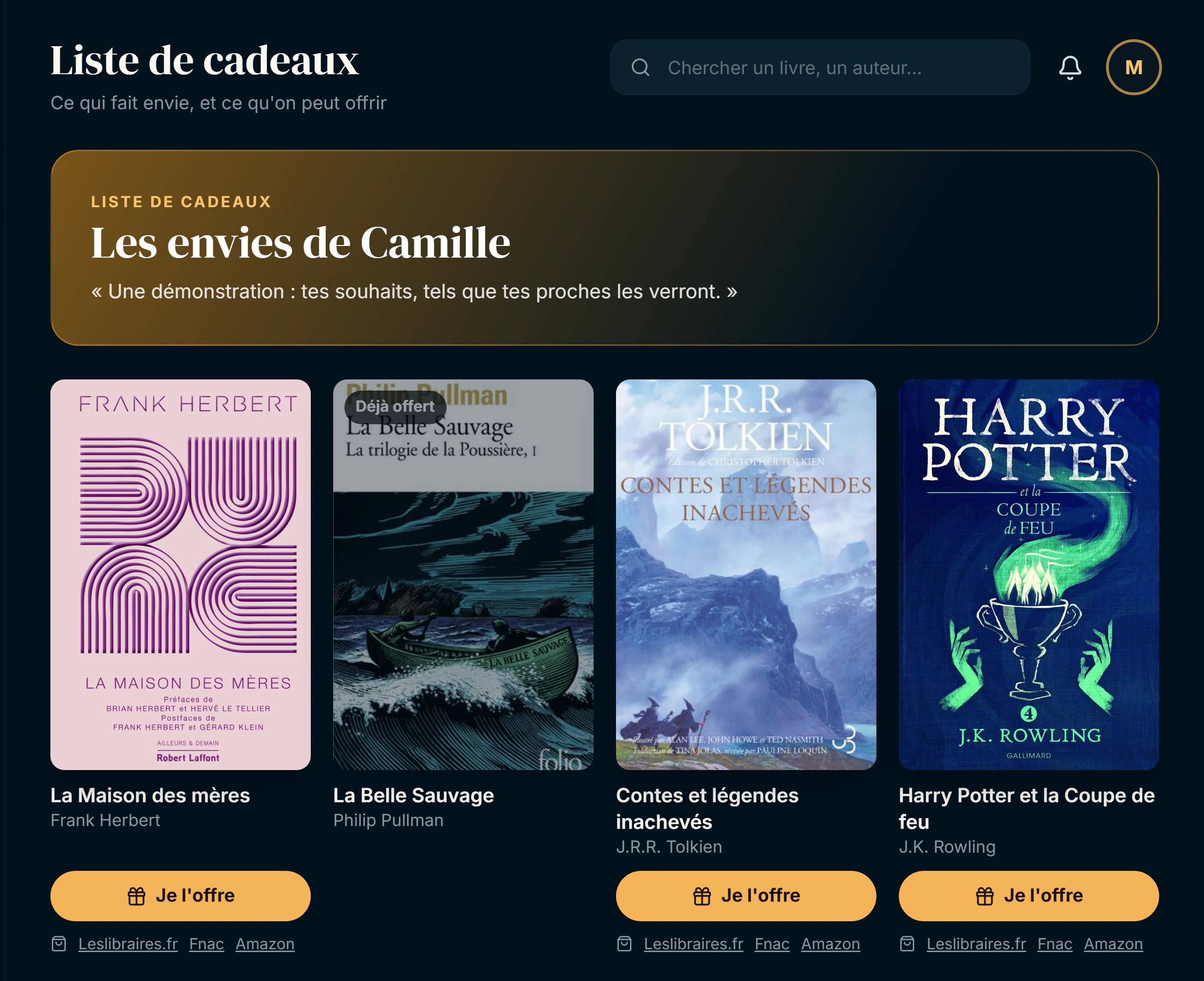 La liste de cadeaux dans Codex, telle que les proches la voient : Je l'offre, déjà offert