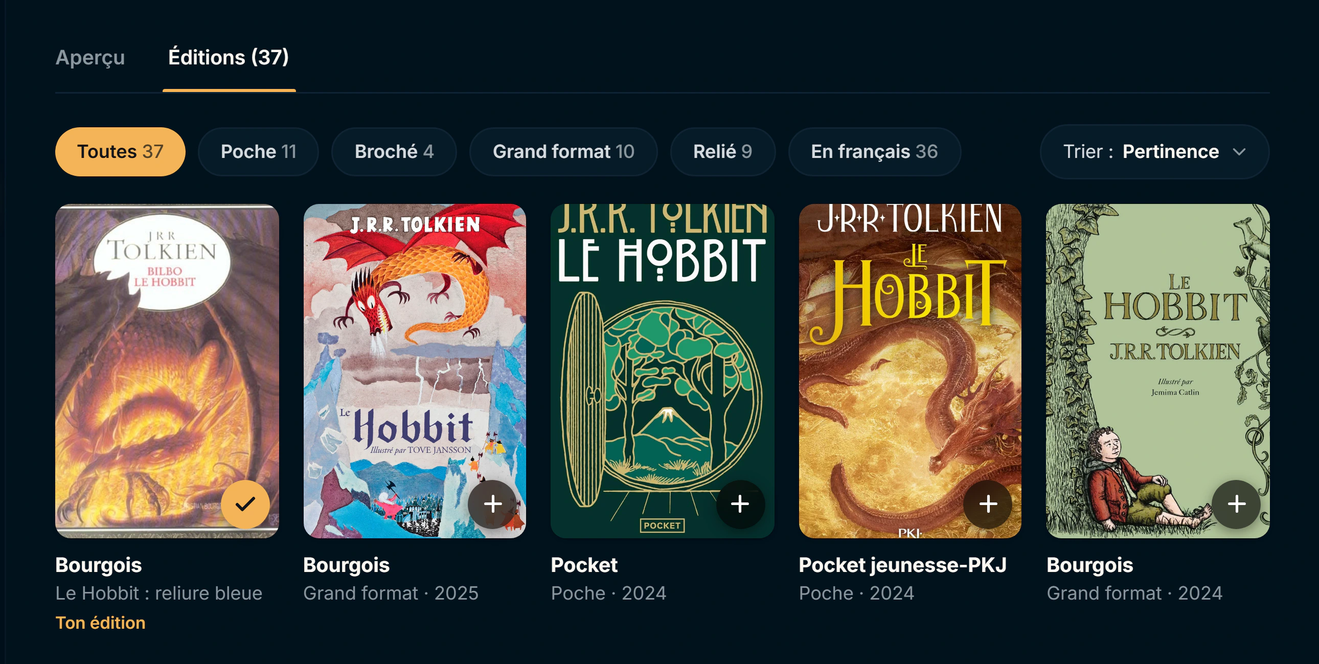 Les 37 éditions du Hobbit dans Codex : poche, broché, grand format, relié, chacune avec sa couverture