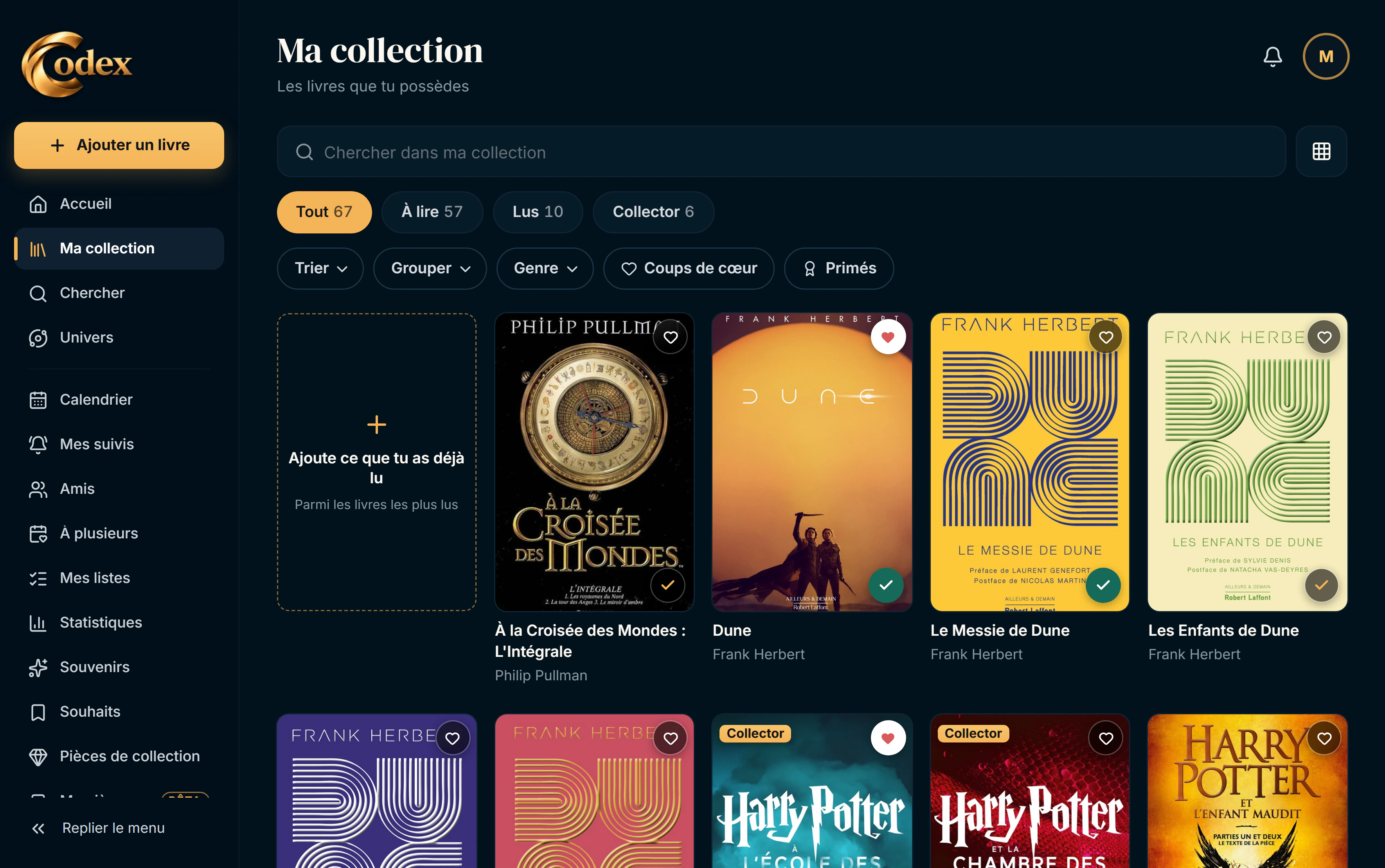 Codex sur ordinateur : la page Ma collection, les livres et leurs couvertures