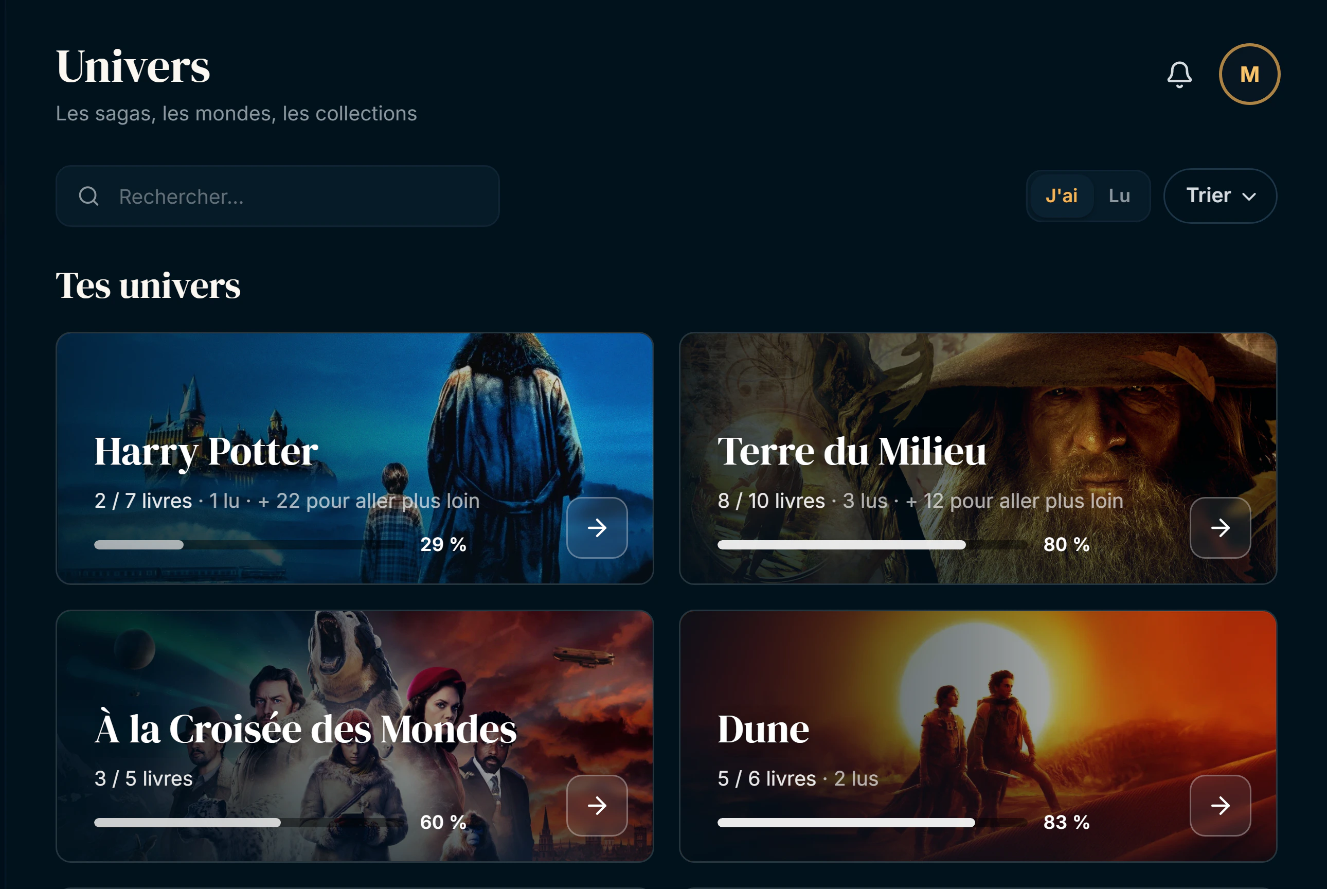 Tes univers dans Codex : Harry Potter, Terre du Milieu, À la Croisée des Mondes, Dune, avec l'avancement de chacun